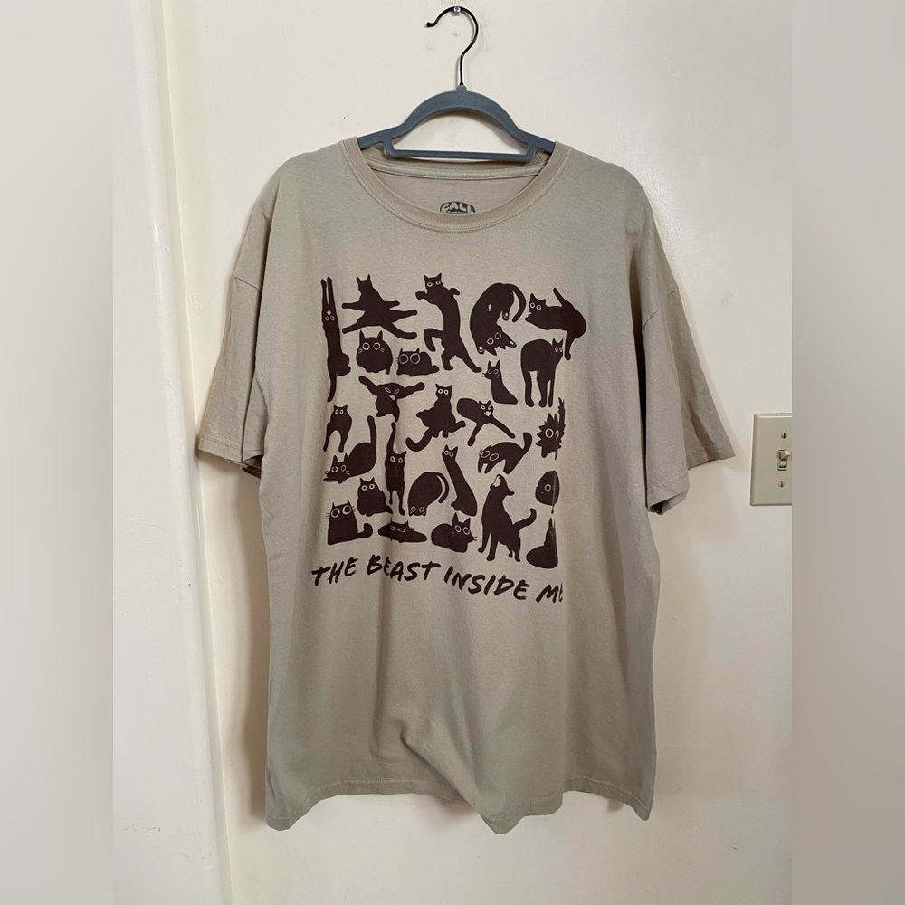 Call Your Mother The Beast Inside Me Graphic Cat Beige XL 100% Cotton Funny Tee